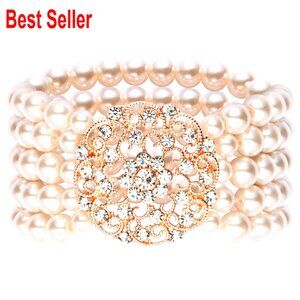 Imitation Pearl Bracelet with Austrian Crystals, 5-Row Stretch Design